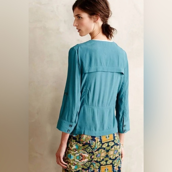 Anthropologie Elevenses Eldora Draped Blazer in Teal Medium - Picture 1 of 8